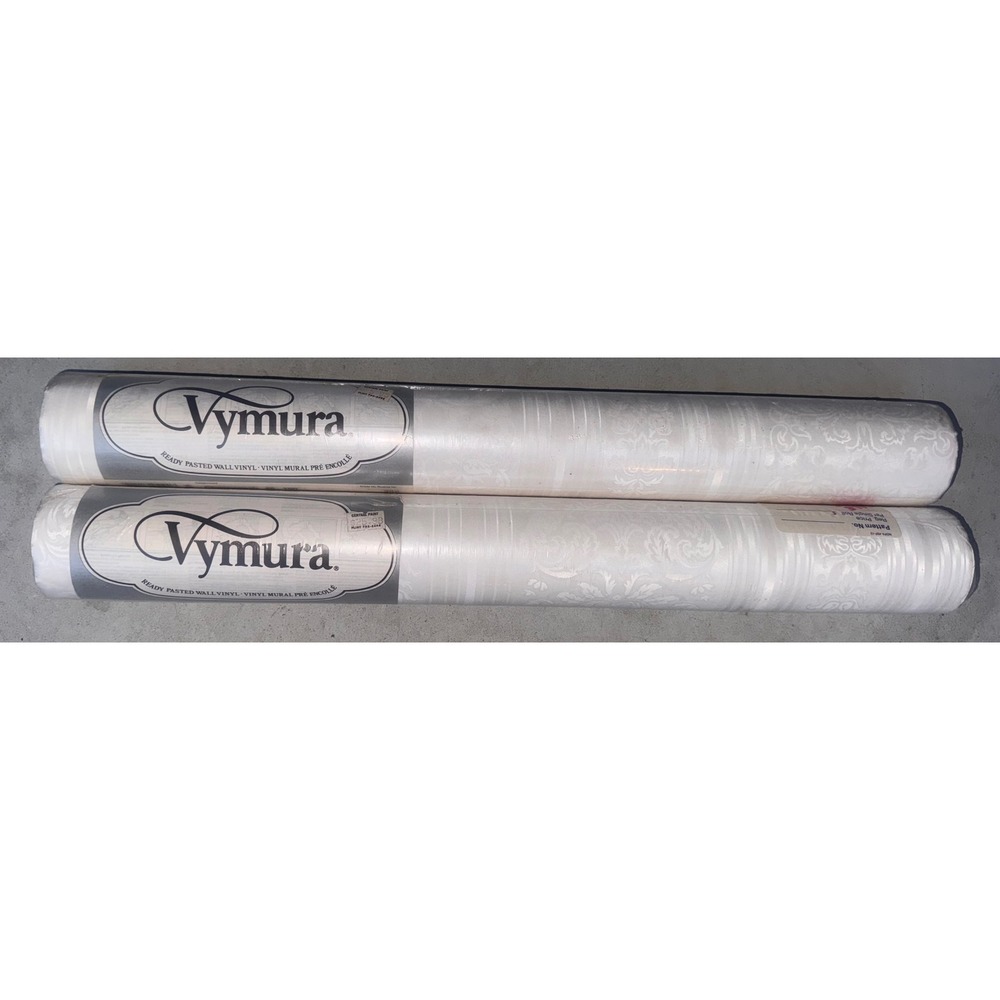 2 Rolls Vintage Vymura Chatsworth 45-190 Wallpaper 392 White Damask Vinyl NOS